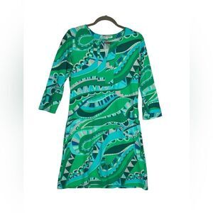 Barbara Gerwit  Green and Pink Print ¾ Sleeve Dress| Size M
